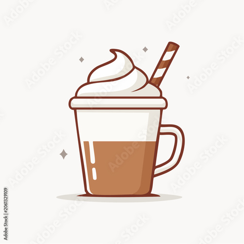 Cartoon Coffee Drink with Whipped Cream and Wafer Stick