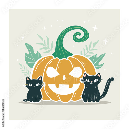 Halloween illustration with jack o lantern and black cats