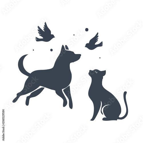 Minimalist Silhouette of Dog and Cat Watching Birds