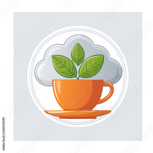 Orange cup with green leaves and steam illustration