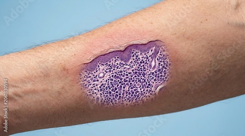 Conceptual medical illustration of skin histology showing lymphocyte infiltration on a human forearm