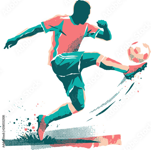 Dynamic soccer player kicking ball vector illustration, athletic football striker in action pose, teal and pink halftone sport graphic