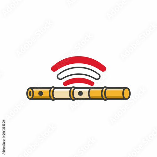 Traditional wooden flute with sound waves generating music, representing harmony and melody