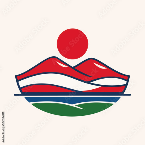 Indonesia Independence Day landscape with sun mountains and water waves