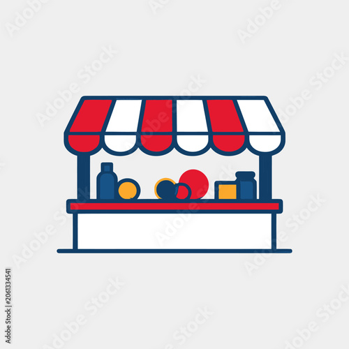 Market stall with awning selling groceries and goods, outdoor stand display