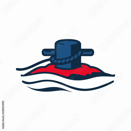 Marine mooring bollard with rope secured in ocean waves, maritime symbol