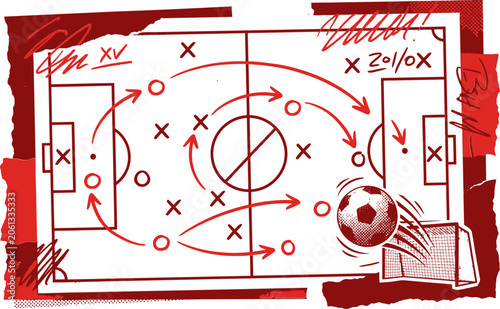 Soccer strategy chalkboard illustration, red football game plan with arrows and tactics, hand drawn sports coaching board vector