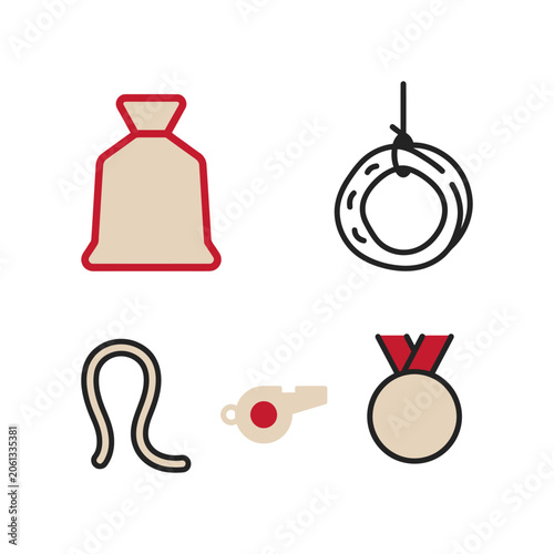 Indonesia Independence Day celebrations with sack race, medal, jump rope, and whistle icons