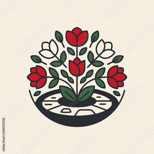 Red and white tulips floral emblem with green leaves circle badge emblem