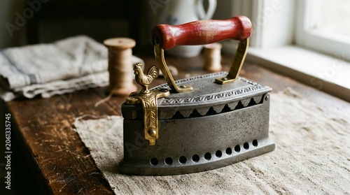 Vintage iron on table with wooden handle and spool of thread