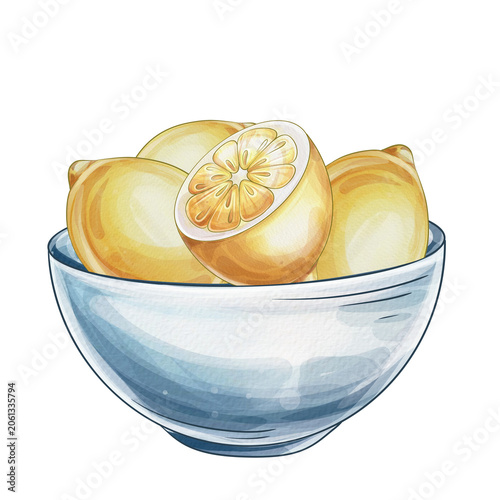 Obraz na plátne Lemons in Cup Watercolor Clipart, Fresh Yellow Citrus Fruits Arranged in Blue Ce