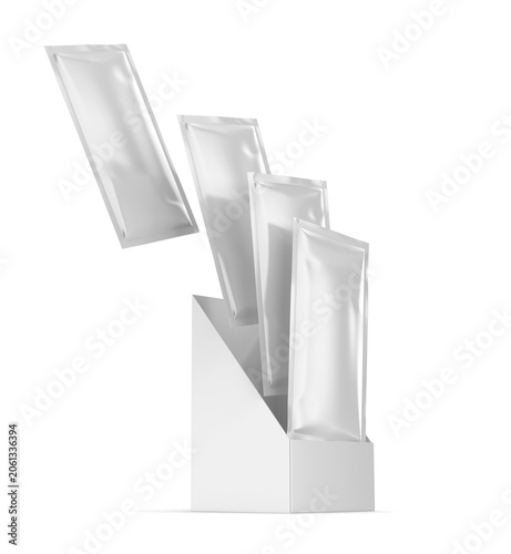 Blank sachet display box with multiple standing pouches arranged in a stepped countertop dispenser. Clean white packaging mockup for food, beverage, cosmetics, pharmaceutical, supplement, seasoning.