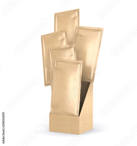 Blank sachet display box with multiple standing pouches arranged in a stepped countertop dispenser. Clean white packaging mockup for food, beverage, cosmetics, pharmaceutical, supplement, seasoning.
