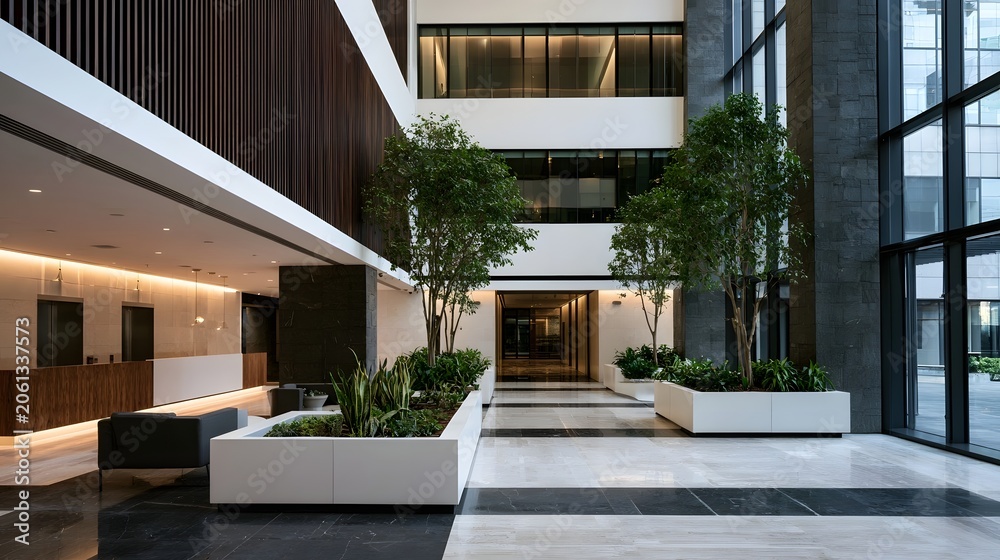 Fototapeta premium A spacious and tranquil contemporary corporate lobby featuring high ceilings and balanced architectural contrast