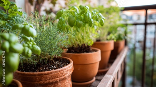 Low angle view of aromatic green herbs in terracotta planters on a wooden balcony railing, fresh home grown organic plants for healthy cooking and lifestyle.
