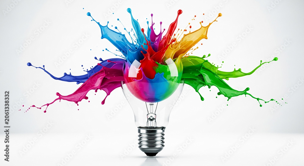 Obraz premium Explosion of vibrant liquid color splashes emanating from a clear light bulb, symbolizing creativity, innovation, and bright ideas