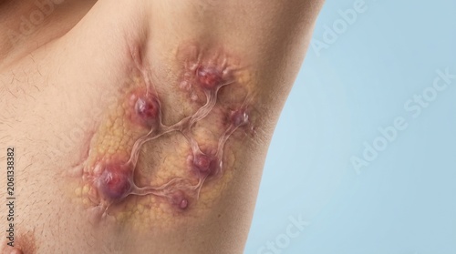 3D medical illustration of skin anatomy in the armpit area showing enlarged lymph nodes and lymphatic vessels