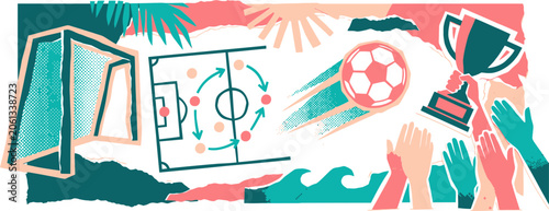 Abstract soccer collage with football goal, strategy board and winner trophy, summer sports tournament vector illustration, athletic competition banner
