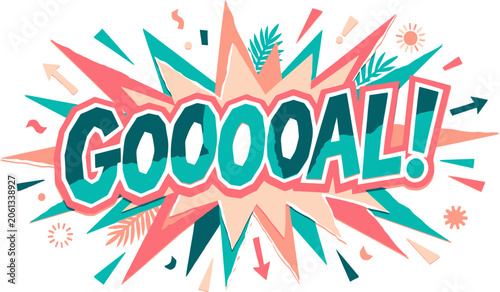 Comic style GOOOOAL text explosion, vibrant sports celebration vector, pop art soccer goal shout with tropical leaves and starburst elements