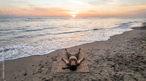 A Woman Practicing Savasana Corpse Pose on a Yoga Mat at the Beach During a Peaceful Sunrise Over the Ocean