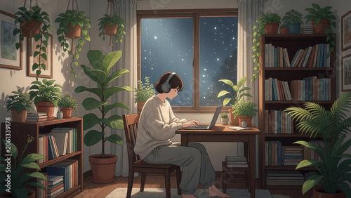 A cozy plant-filled study room at night with moonlight, soft animation illustration