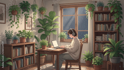 A cozy plant-filled study room at night with moonlight, soft animation illustration