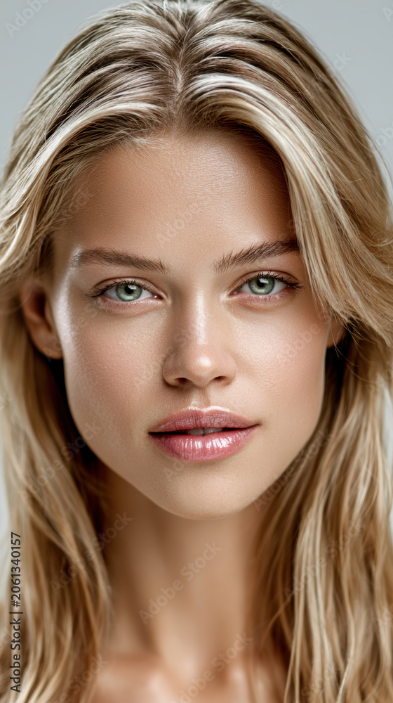 Naklejka premium Beauty blonde woman straight face blue eye natural makeup healthy skin confident expression youthful smooth complexion female model closeup