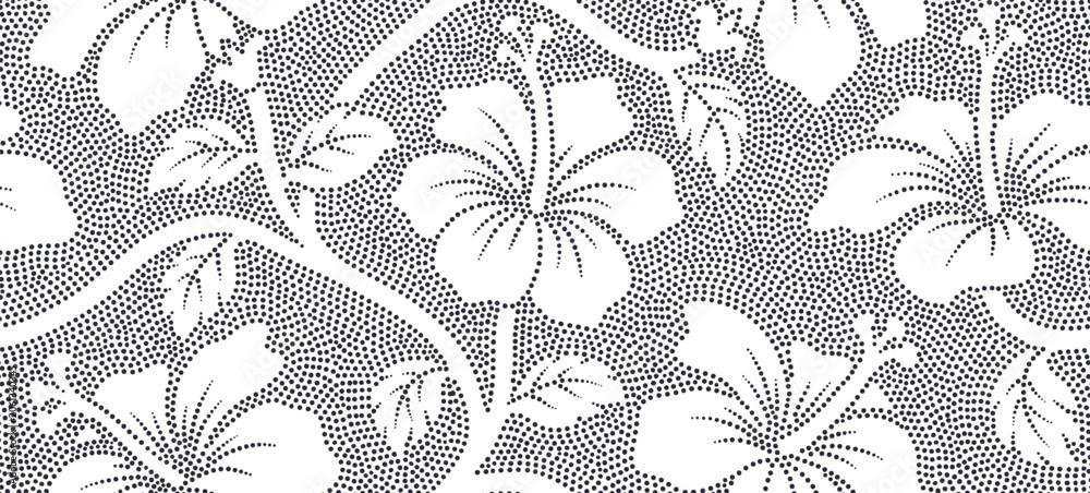 Obraz premium Tropical hibiscus flower and leaves seamless pattern with dotted style.