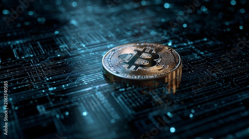 Macro View of a Golden Bitcoin Style Coin on a Dark Blue Electronic Circuit, Cryptocurrency Trading and Digital Economy Concept