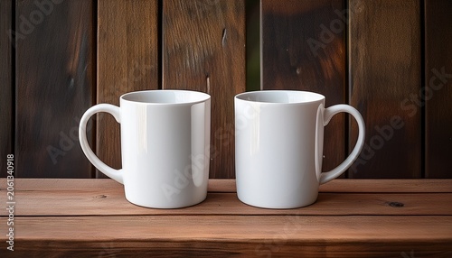 Mockup Of Two Oz White Coffee Mugs On Rustic Wood Tabletop