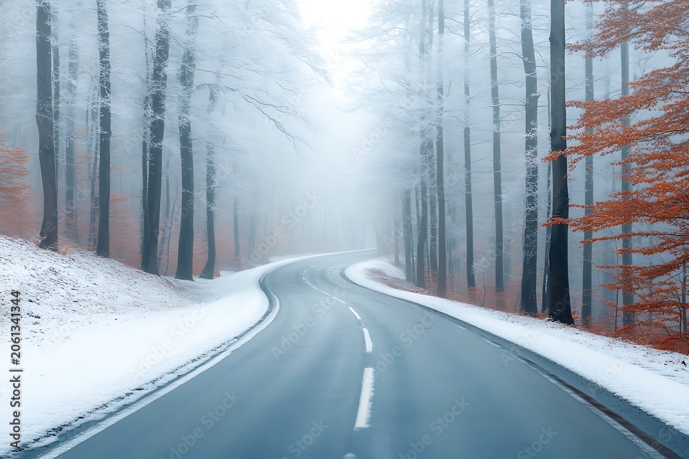 Naklejka premium Serene winding road through a snowy winter forest with foggy atmosphere and vibrant autumn leaves on trees
