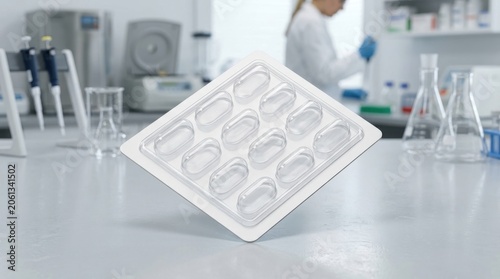 Empty blister pack on laboratory workbench
