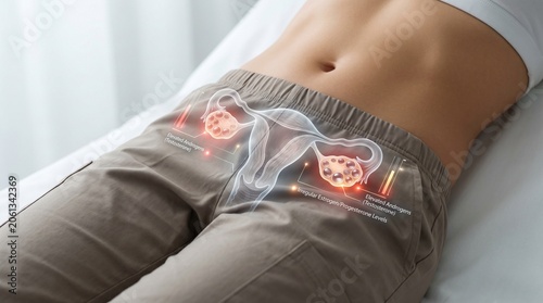PCOS/PMOS Hormonal Imbalance Concept with Ovarian Follicle Visualization in Female Abdomen