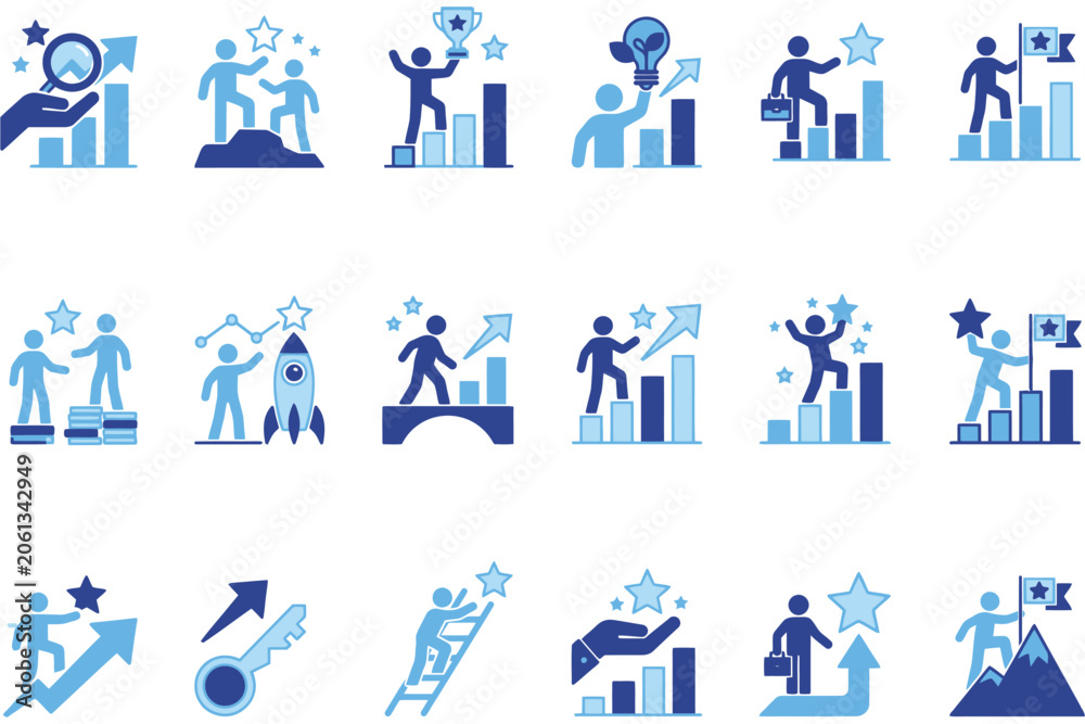 Fototapeta premium Business Growth Icons in Blue Showcasing Career Progress Success Goals Achievement Performance Leadership and Corporate Development Graphics