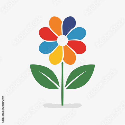 Colorful cartoon flower with green leaves and stem