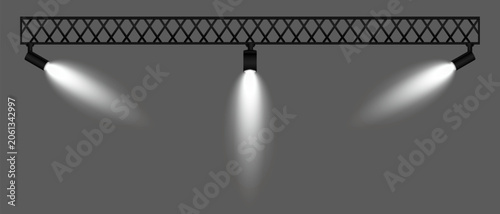 Abstract stage spotlight composition. Overhead lighting fixtures attached to truss structure, soft downward beams with diffused glow creating balanced atmospheric illumination.