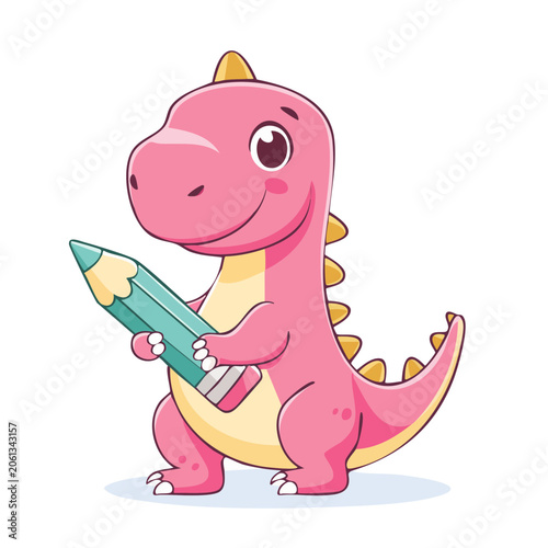 Cute pink cartoon dinosaur holding a pencil