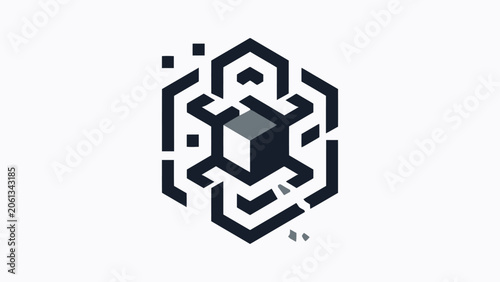 Hexagonal blockchain box icon with integrated circuit details.