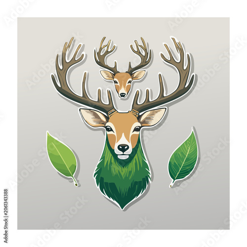 Flat Design Illustration of Deer with Antlers and Leaves