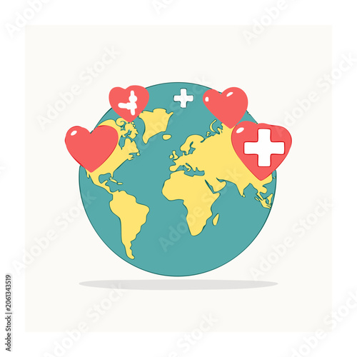 Flat design world map with heart and cross