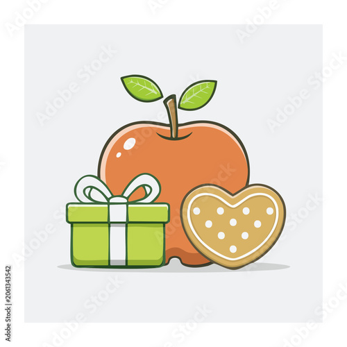 Flat illustration of apple, gift box, and heart cookie