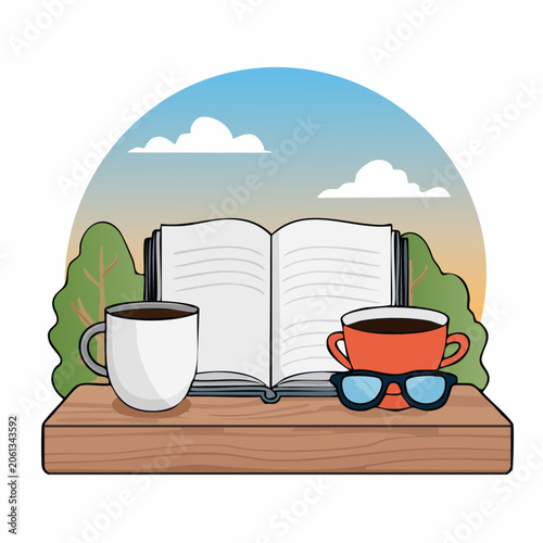 Open Book with Coffee Cups and Glasses on Wooden Shelf