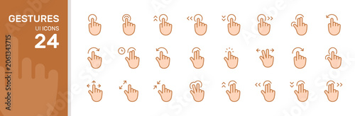 Interface Gestures filled, thin line icon set. Gesture Control, User UI, Mobile Actions, Touch, Navigation concept. Beige minimal vector icons collection.