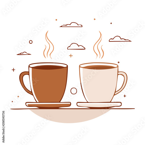 Two steaming coffee cups in flat design style