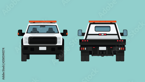 Flatbed tow truck front and rear view with rollback platform for vehicle transport, roadside recovery, and towing operation, flat vector illustration