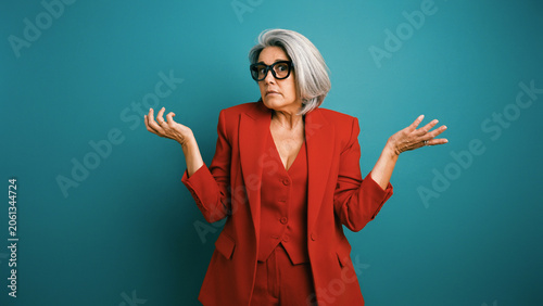 Quadro su tela Senior businesswoman with grey hair and glasses wearing a red suit, shrugging he
