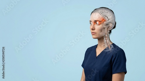 Medical illustration of a woman in scrubs with transparent head showing brain, eyes, and spinal anatomy