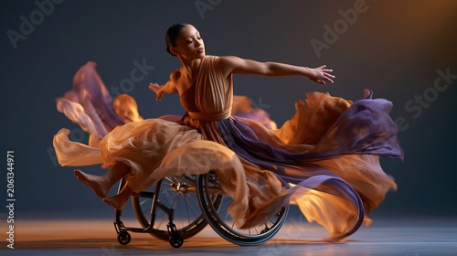 Disability Pride Month: a young Latina woman in a sleek manual wheelchair performing contemporary dance on a theatrical stage, dramatic split lighting in purple and gold tones