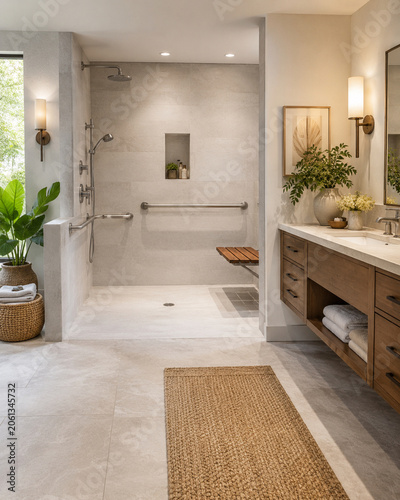 Accessible Bathroom Large Format Tiles Grab Bars Walk In Shower Wood Vanity