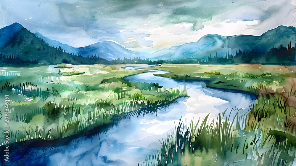 Fototapeta premium watercolor winding river green meadows peaceful